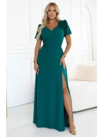 Elegantní dlouhé šaty s páskem a vysokým rozparkem lahvově zelené model 21779075 - numoco Elegantní dlouhé šaty s páskem a vysokým rozparkem lahvově zelené model 21779075 - numoco