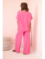 Dámský komplet z viskózy s ozdobným květem a širokými kalhotami - růžový Dámský komplet z viskózy s ozdobným květem a širokými kalhotami - růžový