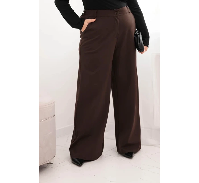Dámské kalhoty Plus Size s širokou nohavicí a elastickým pasem hnědé Dámské kalhoty Plus Size s širokou nohavicí a elastickým pasem hnědé