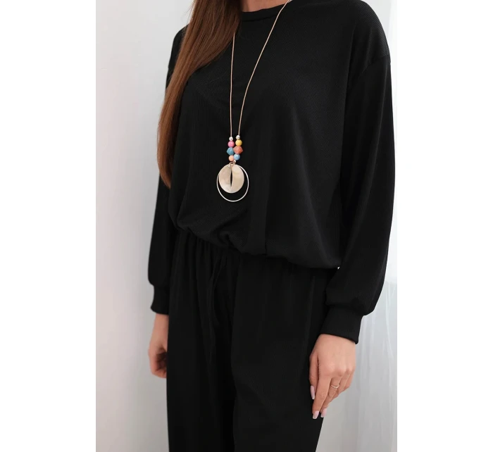 Dámská souprava z viskózy s řetízkem a široké kalhoty černý Dámská souprava z viskózy s řetízkem a široké kalhoty černý