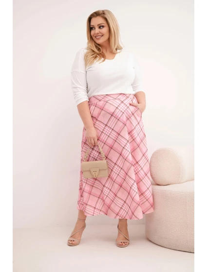 Dámská sukně Plus Size kostkovaná s širokým lemem světle růžová