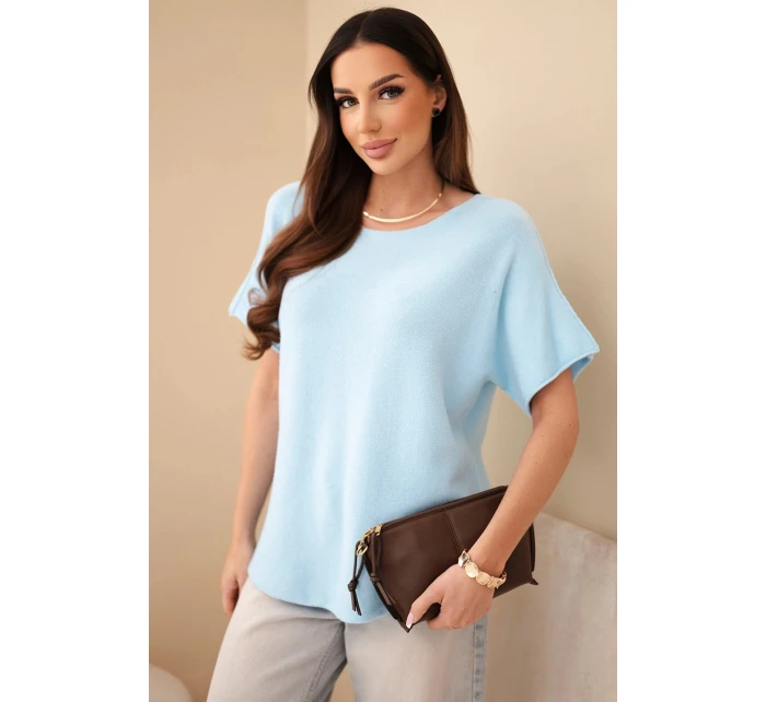 Dámský svetr s krátkým rukávem volného střihu modrý Dámský svetr s krátkým rukávem volného střihu modrý