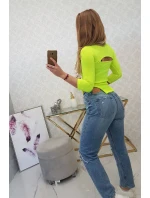 Žebrovaná halenka s výstřihem žlutá neonová