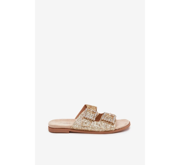 Lesklé zdobené pantofle s přezkami na plochém podpatku zlaté Tovira