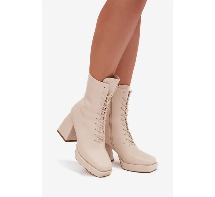 Dámské Zimní Kozačky Na Podpatku S Šněrováním Světle Béžové Juvina