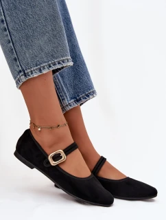Dámské eko semišové baleríny s páskem a zlatou přezkou Adelora – černé