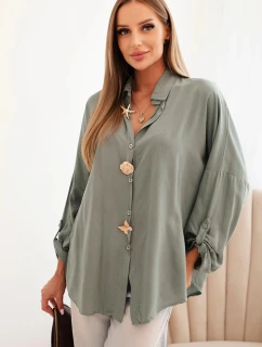 Dámské tričko s model 21266168 ozdobnými knoflíky a límečkem khaki - K-Fashion