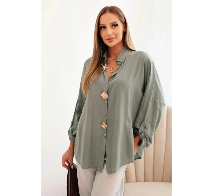 Dámská košile s viskózou a ozdobnými knoflíky a límcem khaki