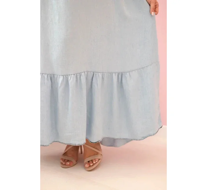Dámské plus size šaty na ramínka s volánem světle džínová