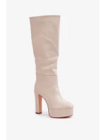 Kozačky na podpatku a platformě z eko kůže světle béžové Felilorn