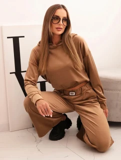 Dámská souprava z vlny s širokými nohavicemi a mikinou s kapucí camelový
