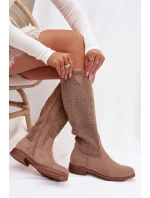 Dámské kozačky s krajkovým vzorem na plochém podpatku model 21998027 Béžové - S.Barski Dámské kozačky s krajkovým vzorem na plochém podpatku model 21998027 Béžové - S.Barski