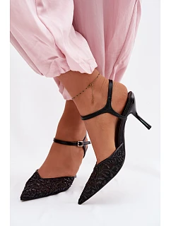 Dámské síťované sandály na podpatku s lesklým zdobením Černé Laria