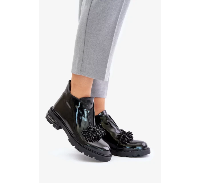 Kožené Lakované Kotníkové Boty s Ozdobou Zateplené D&A Černé Kožené Lakované Kotníkové Boty s Ozdobou Zateplené D&A Černé