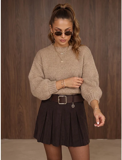 Dámský volný svetr s kulatým výstřihem, béžový, FashionStreet MY2585 Dámský volný svetr s kulatým výstřihem, béžový, FashionStreet MY2585