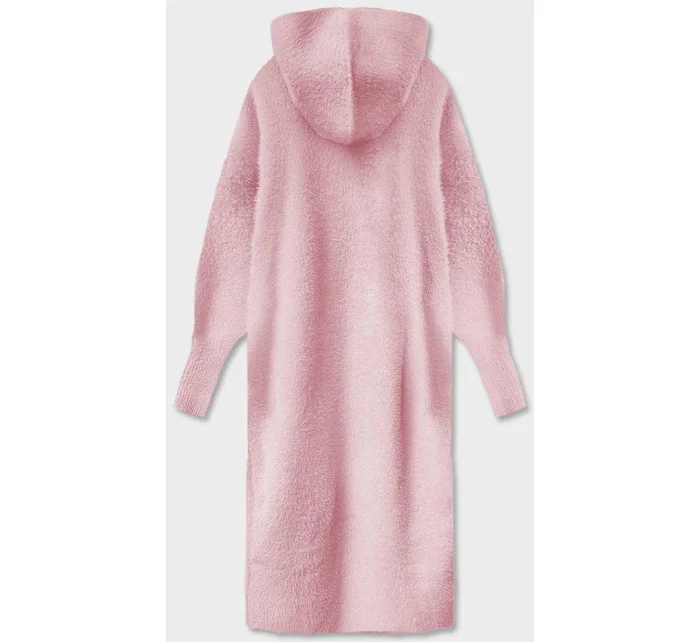 Bledě růžový dlouhý vlněný přehoz přes oblečení typu alpaka s kapucí (M105)