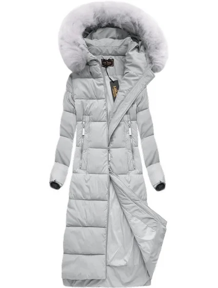 Šedá dlouhá dámská zimní bunda s kapucí model 21241698 - Libland