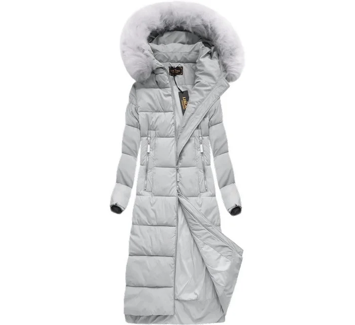 Šedá dlouhá dámská zimní bunda s kapucí model 21241698 - Libland