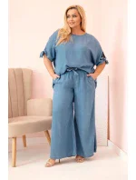 Dámská souprava Plus Size z tencelu, halenka s vázáním a široké kalhoty džínový