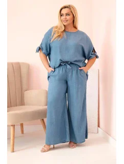 Dámská souprava Plus Size z tencelu, halenka s vázáním a široké kalhoty džínový