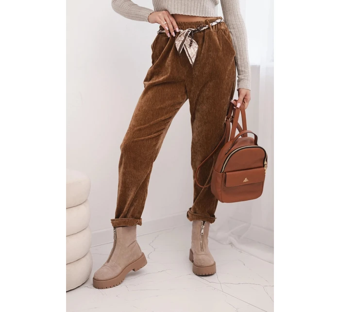 Dámské kalhoty z viskózy s šátkovým pásem camelová