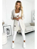 Béžový dámský kardigan přehoz přes oblečení s kapucí, kapsičkami a nášivkou model 18812067 - numoco basic