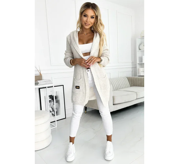 Béžový dámský kardigan přehoz přes oblečení s kapucí, kapsičkami a nášivkou model 18812067 - numoco basic