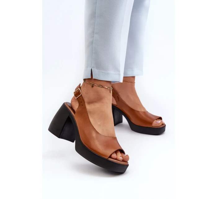 Zazoo 40376 Kožené Sandály Na Masivním Podpatku Hnědé