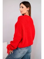 Dámský svetr s přídavkem mohéru s model 21857679 pletením a ozdobnými rukávy červený - K-Fashion