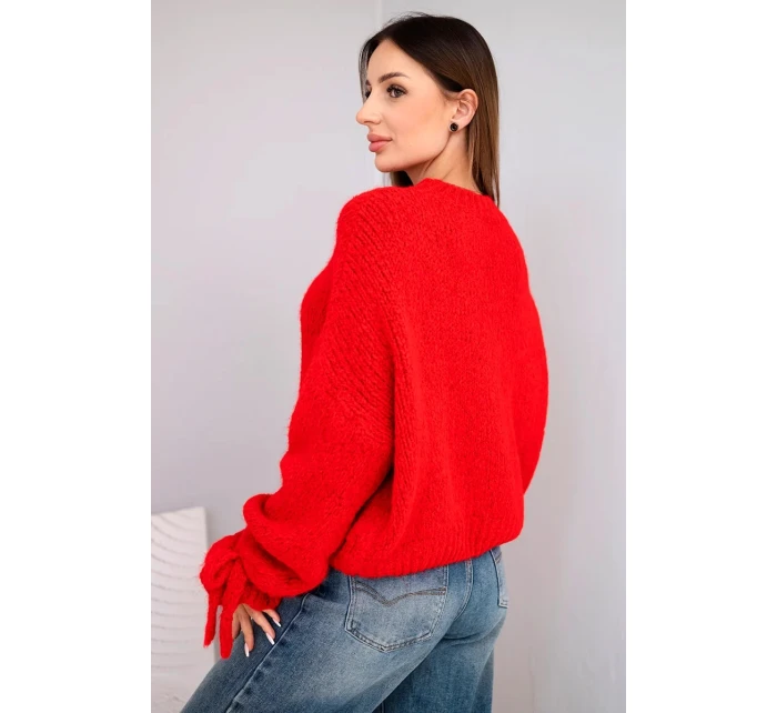 Dámský svetr s přídavkem mohéru s model 21857679 pletením a ozdobnými rukávy červený - K-Fashion