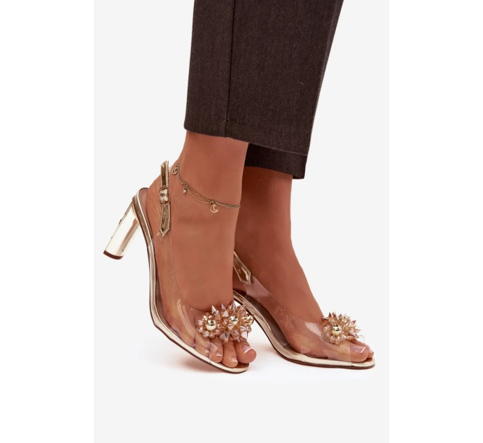 Průhledné sandály na podpatku s ozdobami D&A MR52-232 zlaté