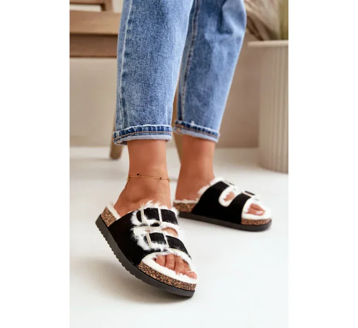 Dámské Pantofle S Přezkami A Kožešinou Černé Ezilena