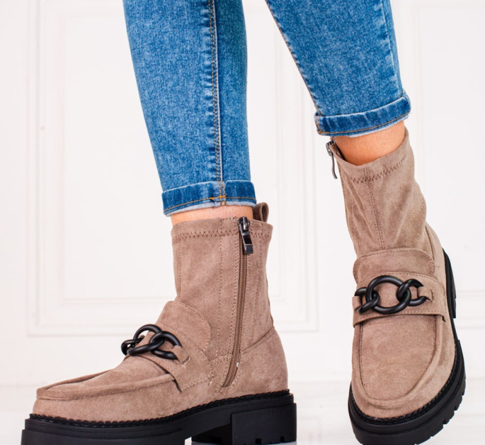 Designové dámské  kotníčkové boty hnědé na plochém podpatku