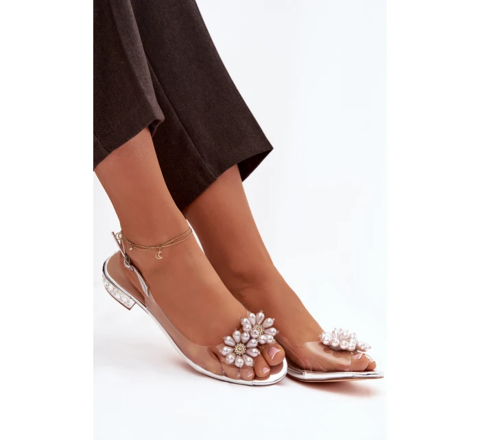 Průhledné sandály na nízkém podpatku s ozdobnými detaily D&A MR52-229 stříbrné Průhledné sandály na nízkém podpatku s ozdobnými detaily D&A MR52-229 stříbrné