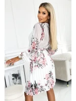 Bílé dámské plisované šaty se vzorem výstřihem, dlouhými rukávy a páskem model 22077518 - numoco basic