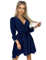 BINDY - Velmi žensky působící tmavě modré dámské šaty s výstřihem a páskem 339-5