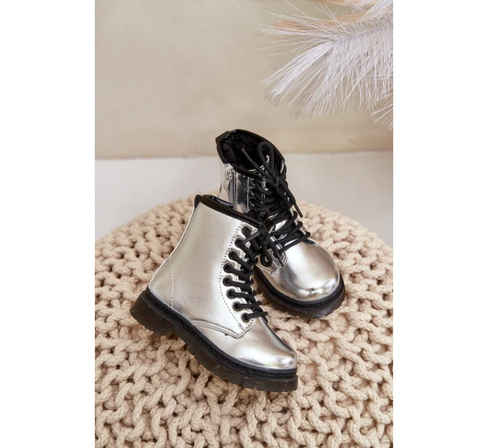 Zateplené dívčí lakované boty na zip stříbrné Novita Zateplené dívčí lakované boty na zip stříbrné Novita