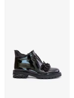 Kožené Lakované Kotníkové Boty s Ozdobou Zateplené D&A Černé Kožené Lakované Kotníkové Boty s Ozdobou Zateplené D&A Černé