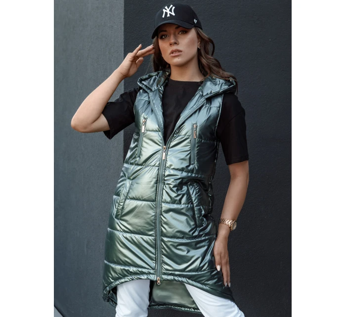 Dámská prošívaná vesta s kapucí dlouhá MERIS tmavě zelená FashionStreet TY4425