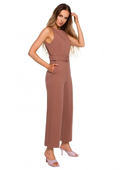 model 18004090 Kombinéza bez rukávů s páskem a sponou čokoládová - Moe