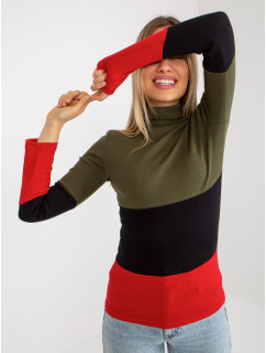 Khaki-červená dámská basic halenka s žebrovaným rolákem