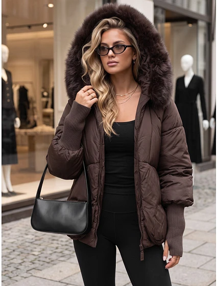 Dámská zimní prošívaná bunda s kožešinou, čokoládová, FashionStreet TY5993 Dámská zimní prošívaná bunda s kožešinou, čokoládová, FashionStreet TY5993