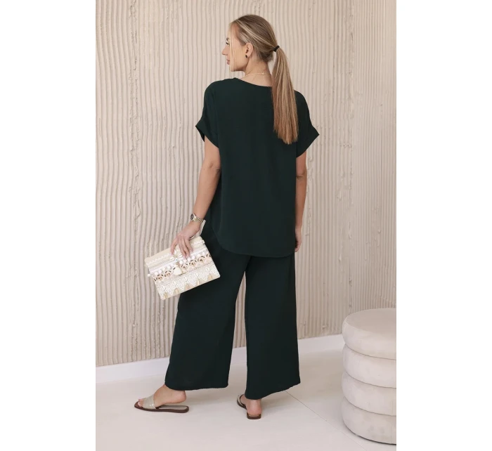 Komplet s náhrdelníkem halenka + kalhoty tmavě zelená