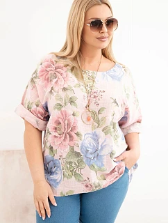 Dámská bavlněná halenka Plus Size s krátkým rukávem a květinovým vzorem pudrově růžová