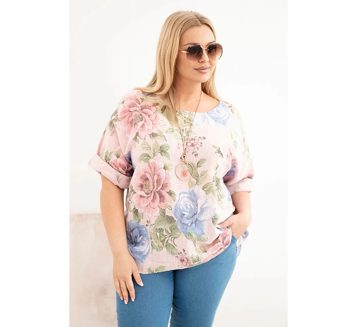Dámská bavlněná halenka Plus Size s krátkým rukávem a květinovým vzorem pudrově růžová