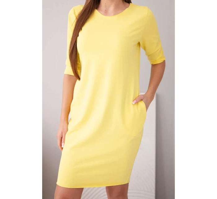 Dámské bavlněné šaty s 3/4 rukávem a kapsami žlutá