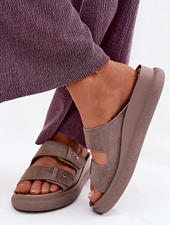 Kožené semišové dámské pantofle na platformě model 22126001 Tmavě béžové - VINCEZA