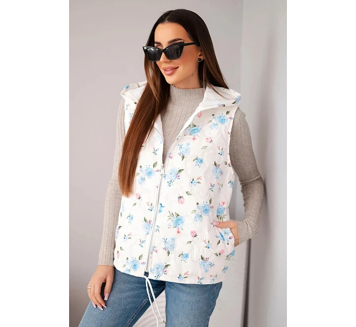 Dámská prošívaná vesta s kapucí s květinovým vzorem modrá