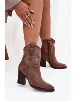 Dámské kožené boty na podpatku Eko semiš tmavě béžové model 21714713 - Boto