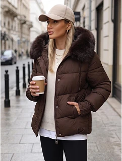 Dámská prošívaná bunda s kožešinovou kapucí, hnědá, FashionStreet TY5894